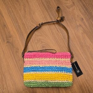 Pink and Yellow Striped Straw Crossbody Bag